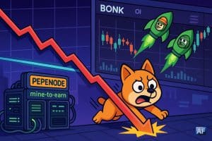 Un chien-mascotte BONK affolé glisse le long d’une courbe rouge qui casse un support, tandis que des fusées PEPE et dogwifhat s’envolent au-dessus d’un mini data-center Pepenode « mine-to-earn ».