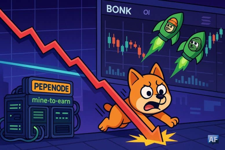 Un chien-mascotte BONK affolé glisse le long d’une courbe rouge qui casse un support, tandis que des fusées PEPE et dogwifhat s’envolent au-dessus d’un mini data-center Pepenode « mine-to-earn ».