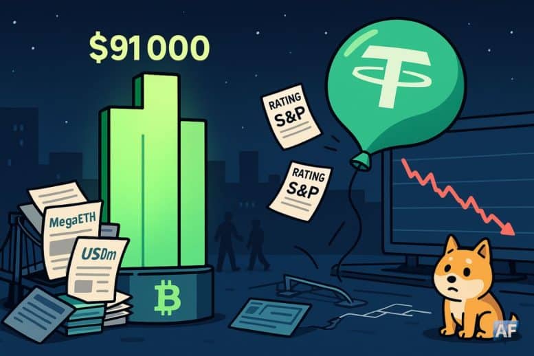 Des dépêches papier tombent les unes après les autres à côté d'un chien Doge penaud, d'un ballon USDT et d'un histogramme Bitcoin.