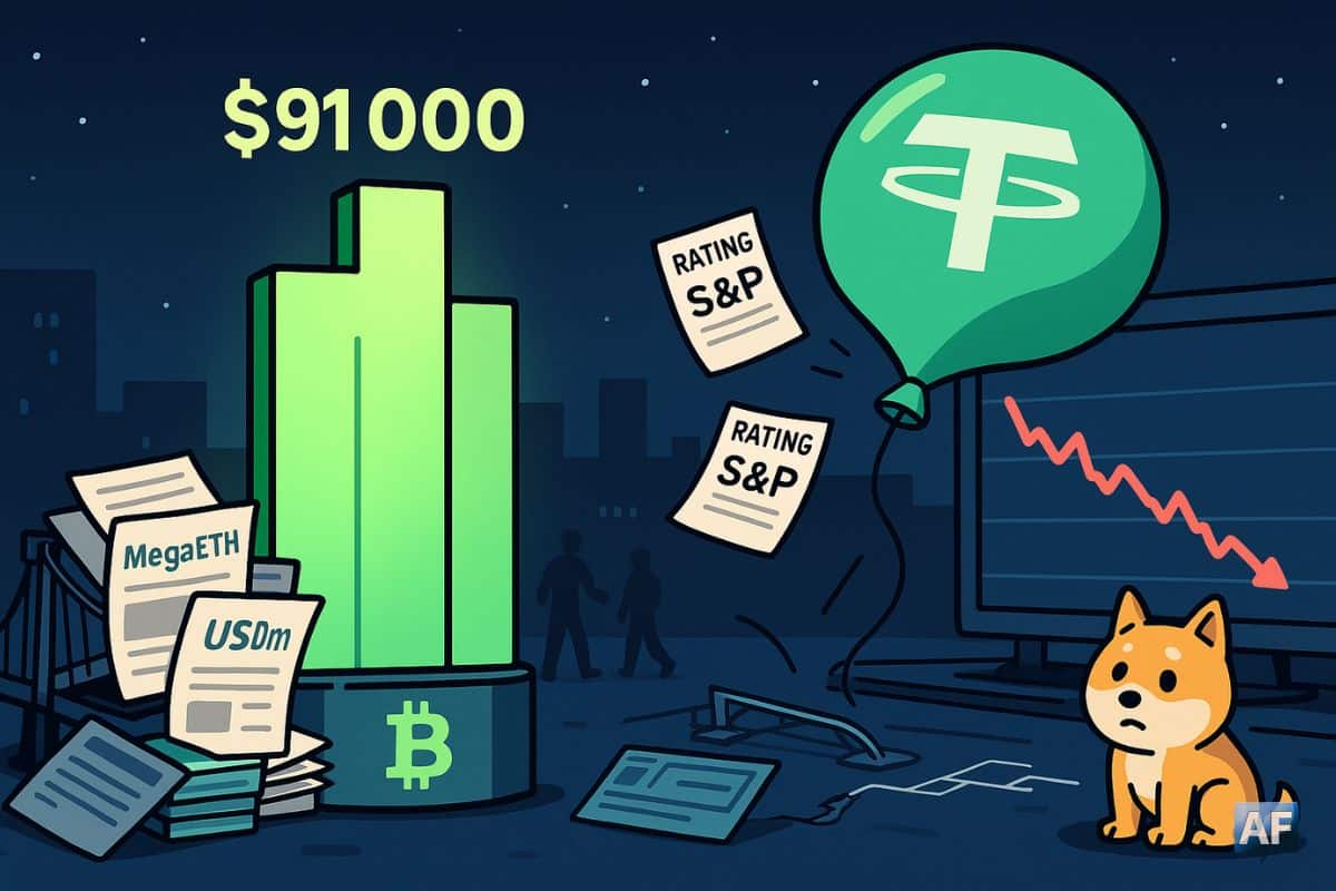 Des dépêches papier tombent les unes après les autres à côté d'un chien Doge penaud, d'un ballon USDT et d'un histogramme Bitcoin.