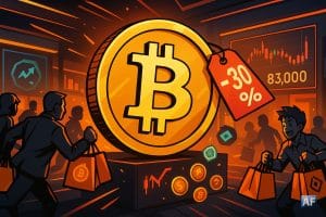 Une gigantesque pièce Bitcoin dorée affichant une étiquette “-30 %” attire une foule de traders en mode Black Friday, sous des écrans géants indiquant un cours à 83 000 $ dans une ambiance néon orange.
