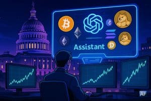 Un trader consulte son assistant IA sur fond de capitole américain.