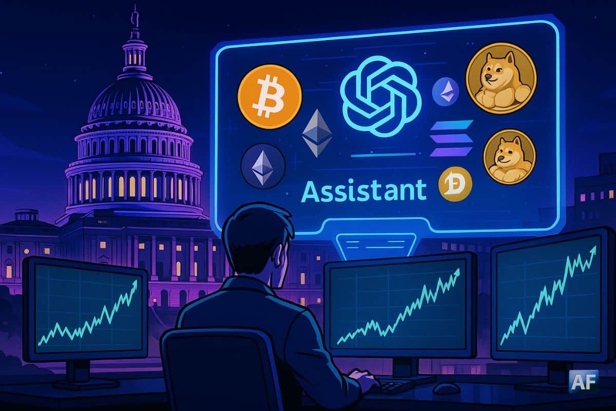 Un trader consulte son assistant IA sur fond de capitole américain.