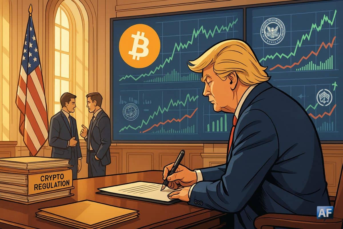 Dans un bureau du congrès américain, Donald Trump signe un document sur fond d'écrans géants montrant des courbes financières en hausse.