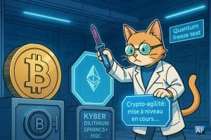 Un chat-ingénieur quantique tente de percer les coffres BTC et ETH avec un tournevis “Shor”, tandis que des boucliers PQC — Kyber, Dilithium, SPHINCS+, HQC — s’activent pour les protéger.