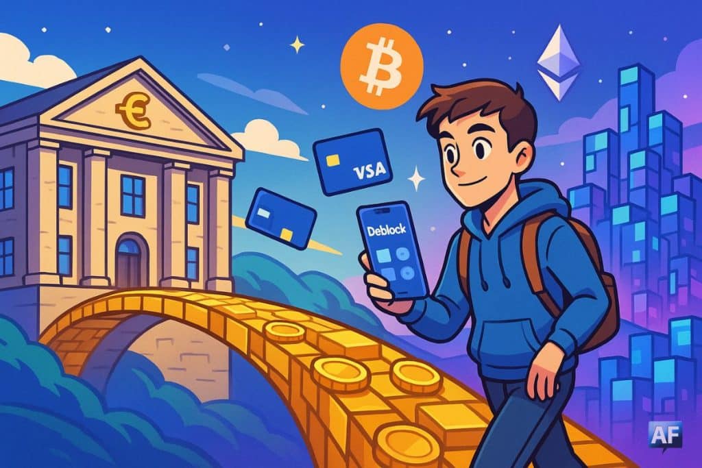 Un jeune utilisateur en tenue casual avance en souriant avec un smartphone affichant une interface façon Deblock.