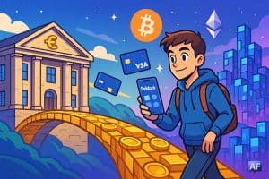 Un jeune utilisateur en tenue casual avance en souriant avec un smartphone affichant une interface façon Deblock.