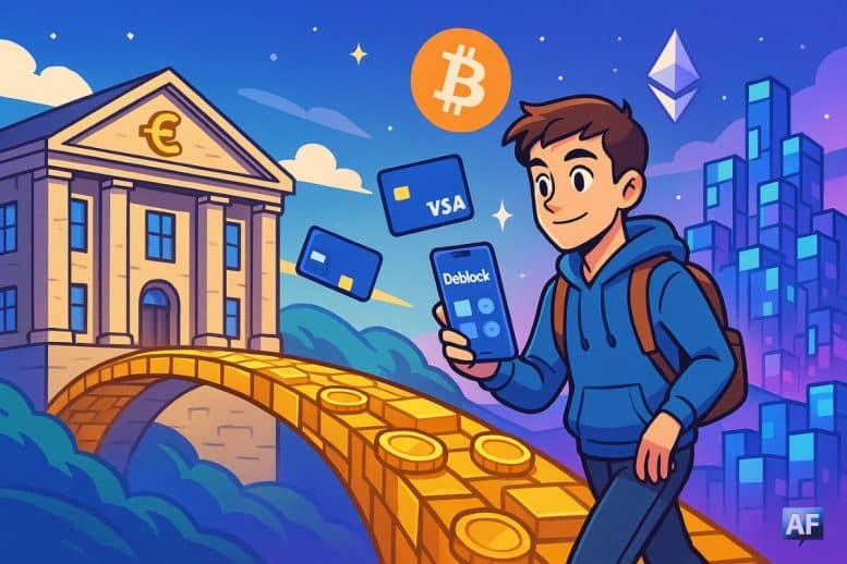 Un jeune utilisateur en tenue casual avance en souriant avec un smartphone affichant une interface façon Deblock.