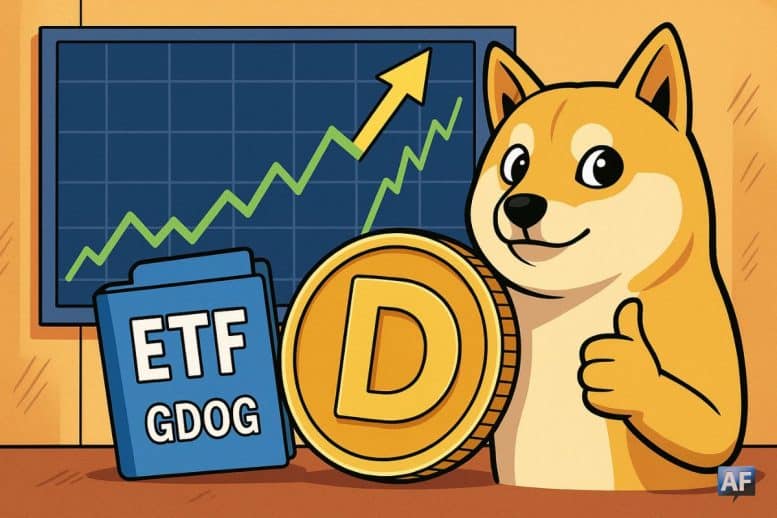 Un Shiba Inu façon manga, pouce levé, pose devant une grosse pièce DOGE et un classeur bleu marqué ETF GDOG, avec en arrière-plan un graphique boursier en forte hausse au format paysage.