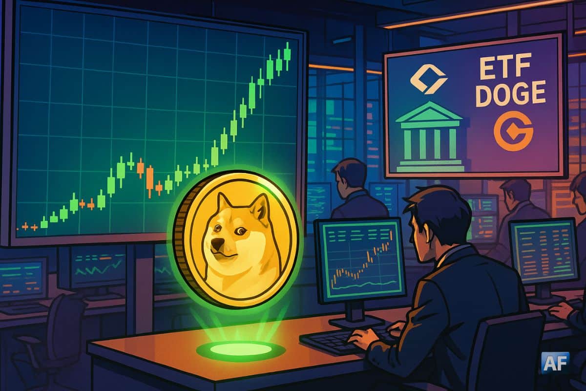 Dans une salle de marché, des traders surveillent des écrans, dont l'un d'entre eux affiche