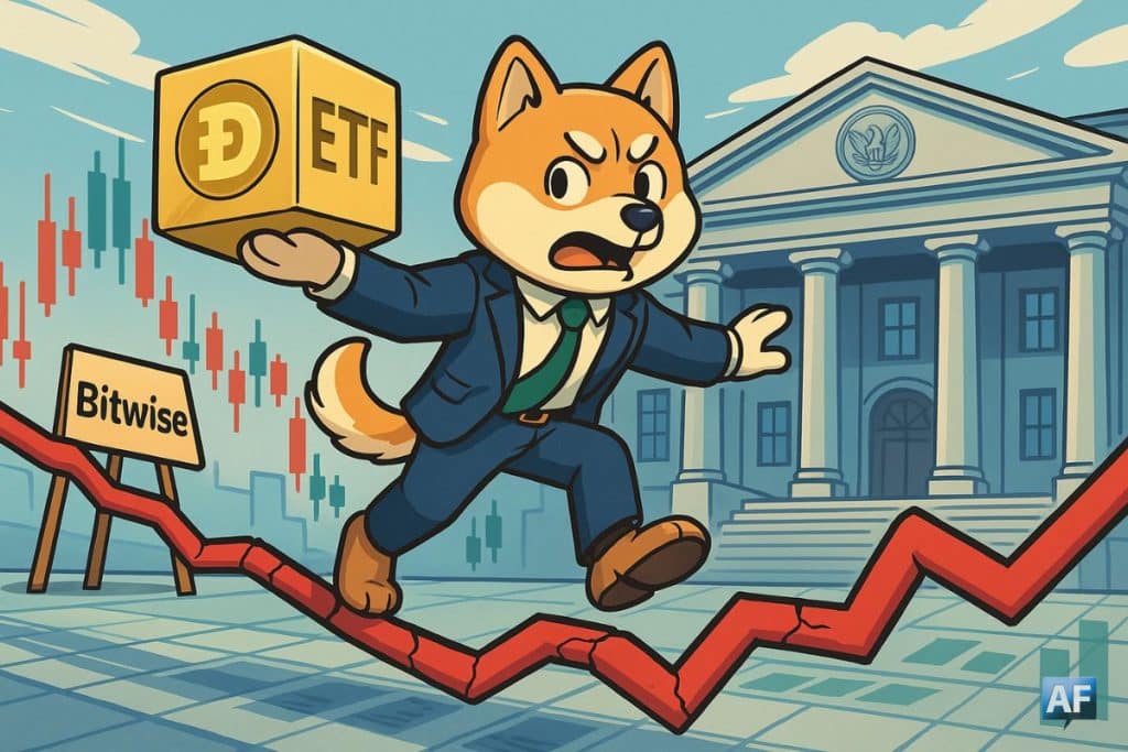 Un personnage DOGECOIN en costume marche en équilibre sur une courbe rouge, devant un bâtiment institutionnel américain.