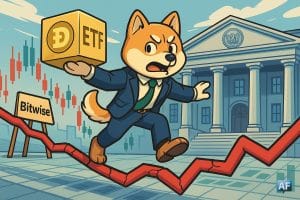 Un personnage DOGECOIN en costume marche en équilibre sur une courbe rouge, devant un bâtiment institutionnel américain.