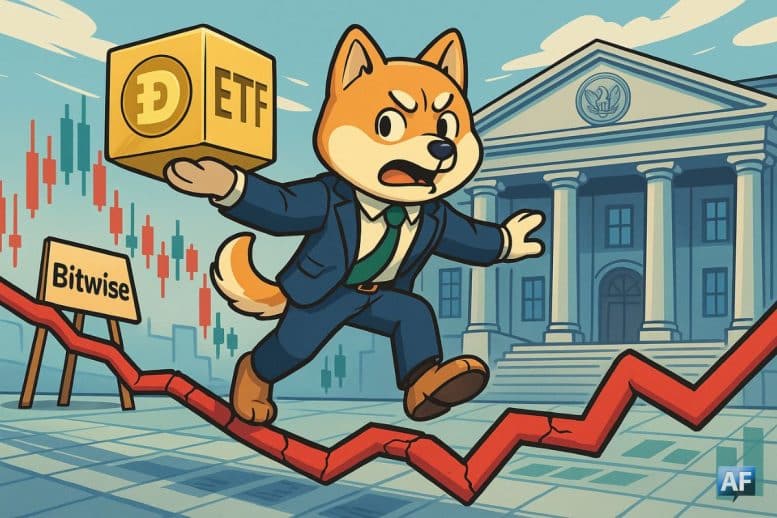 Un personnage DOGECOIN en costume marche en équilibre sur une courbe rouge, devant un bâtiment institutionnel américain.