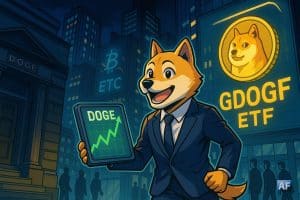 Un shiba-trader en costume, brandissant une tablette affichant un graphique DOGE haussier, s’éloigne d’un bâtiment “D.O.G.E” qui ferme tandis qu’un immense écran “GDOG ETF” illumine la skyline crypto nocturne.