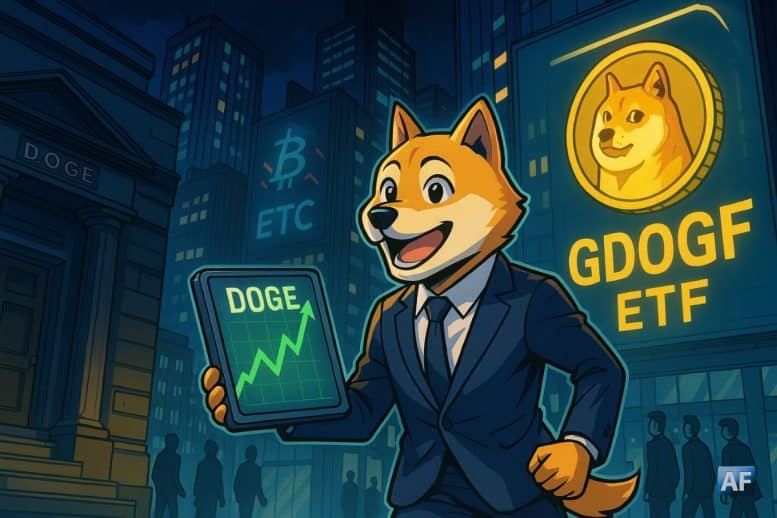 Un shiba-trader en costume, brandissant une tablette affichant un graphique DOGE haussier, s’éloigne d’un bâtiment “D.O.G.E” qui ferme tandis qu’un immense écran “GDOG ETF” illumine la skyline crypto nocturne.