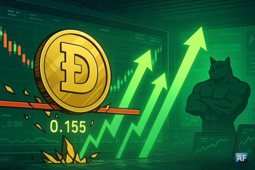 Dans une salle de trading, une pièce DOGE géante trône devant une courbe rebondissant violemment au dessus d'une barre affichant 0,155 $.