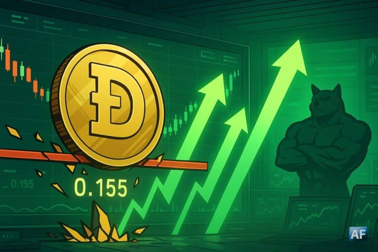 Dans une salle de trading, une pièce DOGE géante trône devant une courbe rebondissant violemment au dessus d'une barre affichant 0,155 $.