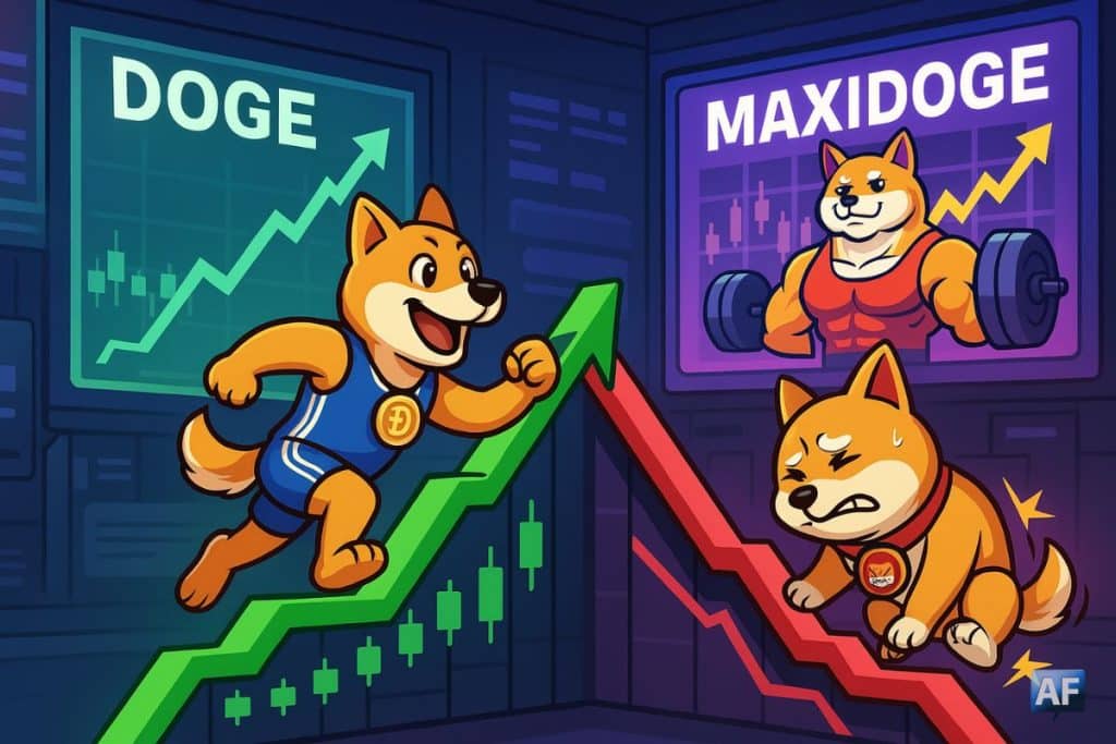 Un Doge bondit joyeusement sur une trendline verte haussière tandis qu’un shiba SHIB glisse sur une pente rouge, sous le regard d’un MAXIDOGE bodybuildé sur un panneau de trading futuriste.