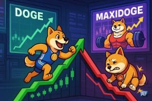 Un Doge bondit joyeusement sur une trendline verte haussière tandis qu’un shiba SHIB glisse sur une pente rouge, sous le regard d’un MAXIDOGE bodybuildé sur un panneau de trading futuriste.