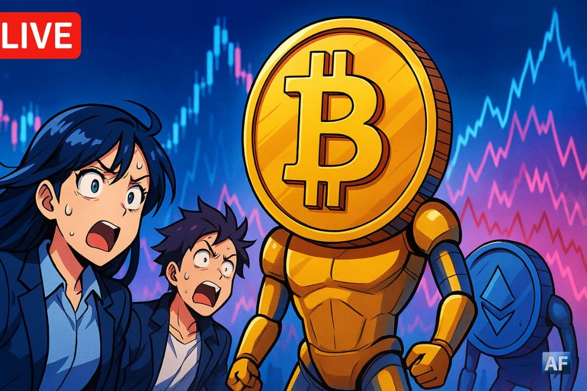 Illustration manga représentant un Bitcoin anthropomorphe robuste au premier plan, entouré de personnages inquiets, avec des altcoins affaiblis en arrière-plan et des graphiques boursiers bleus et violets flous. Un badge “LIVE” apparaît en haut à gauche.