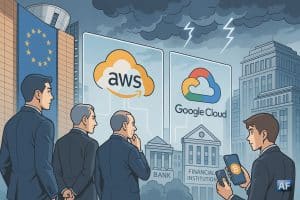 Devant le parlement européens, des décideurs observent des panneaux gigantesques montrant les principaux prestataires techniques, AWS et Google.