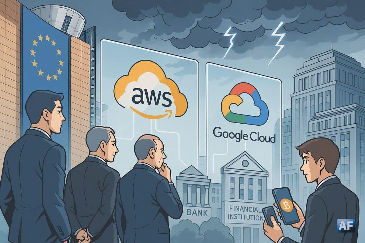 Devant le parlement européens, des décideurs observent des panneaux gigantesques montrant les principaux prestataires techniques, AWS et Google.