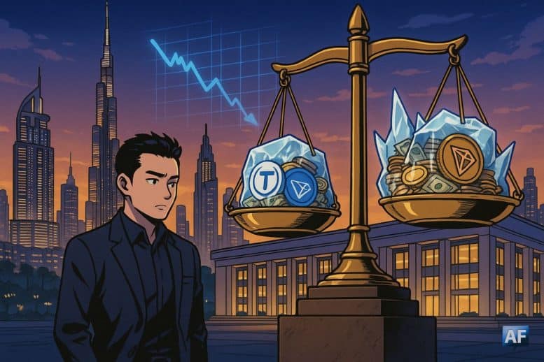 Un Justin Sun façon manga, en costume sombre devant le tribunal de Dubaï au crépuscule, observe une gigantesque balance de la justice dont les plateaux remplis de jetons TrueUSD et TRON sont figés dans la glace.