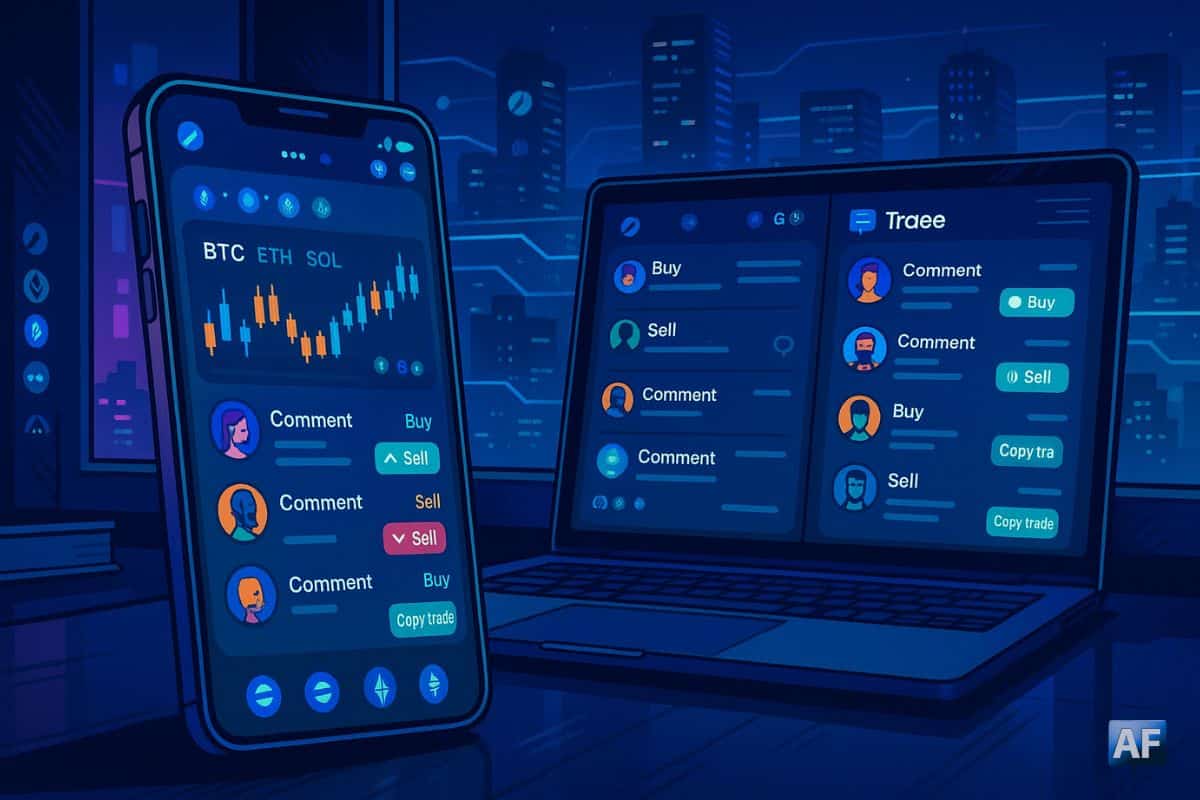Un smartphone et un laptop affichent une interface “trade + commentaire” au cœur d’une ville néon, symbolisant l’essor des apps de social trading et leurs effets de réseau.