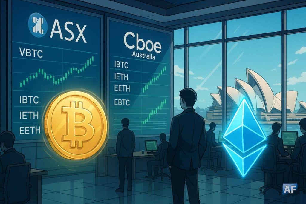 Salle de marché à Sydney, écrans ASX et Cboe affichant VBTC, QBTC, QETH, IBTC, IETH, EETH et EBTC, avec des hologrammes ₿ et Ξ au premier plan.