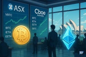 Salle de marché à Sydney, écrans ASX et Cboe affichant VBTC, QBTC, QETH, IBTC, IETH, EETH et EBTC, avec des hologrammes ₿ et Ξ au premier plan.