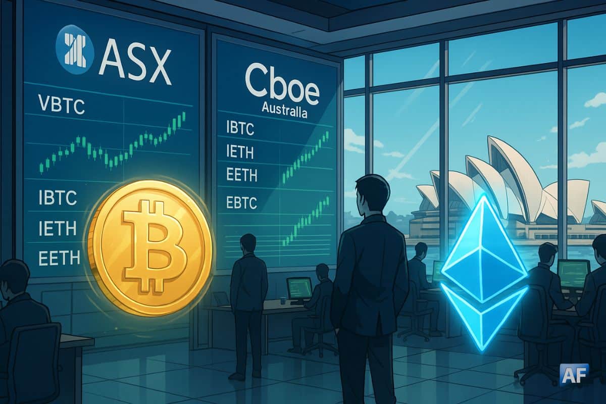 Salle de marché à Sydney, écrans ASX et Cboe affichant VBTC, QBTC, QETH, IBTC, IETH, EETH et EBTC, avec des hologrammes ₿ et Ξ au premier plan.