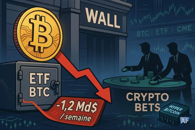 Une pièce Bitcoin lumineuse domine une scène “Wall Street” où un ruban rouge “–1,2 Md$ / semaine” sort d’un coffre « ETF BTC », tandis que des traders posent des jetons verts sur une table.