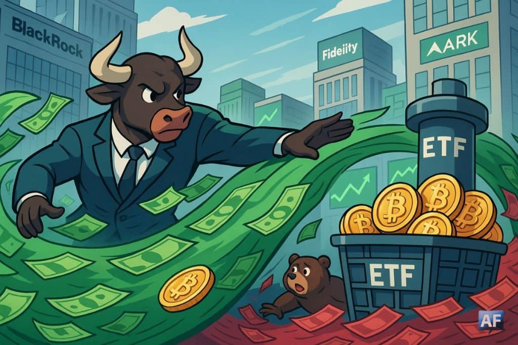 Une vague verte d’« entrées » pousse des pièces ₿ vers un panier « ETF » tandis qu’un taureau BD conduit le mouvement et qu’un ours, surpris, recule devant Wall Street et les logos discrets BlackRock/Fidelity/ARK.