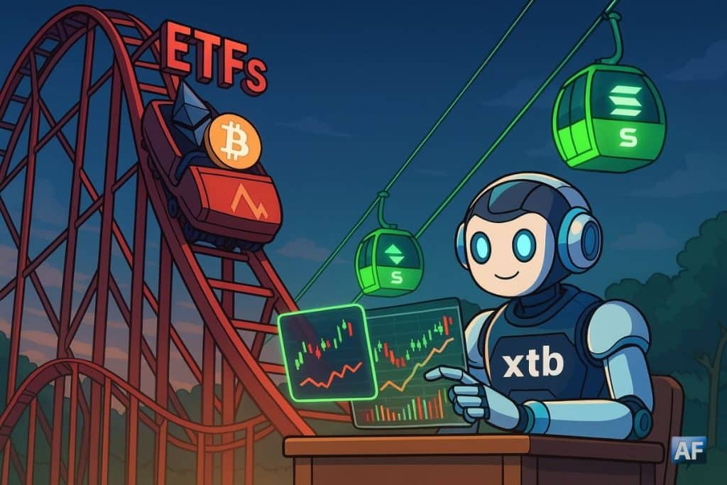 Des montagnes russes montrent les ETF Bitcoin et Ethereum en descente, tandis qu'un télécabine emmène Solana vers les hauteurs et qu'un robot trader XTB consulte des courbes.