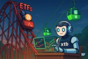 Des montagnes russes montrent les ETF Bitcoin et Ethereum en descente, tandis qu'un télécabine emmène Solana vers les hauteurs et qu'un robot trader XTB consulte des courbes.