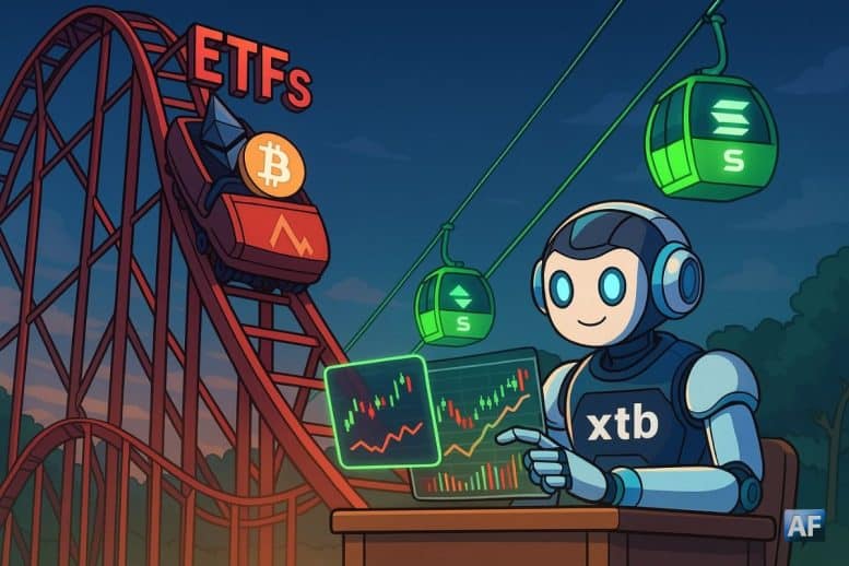 Des montagnes russes montrent les ETF Bitcoin et Ethereum en descente, tandis qu'un télécabine emmène Solana vers les hauteurs et qu'un robot trader XTB consulte des courbes.