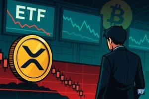 Un trader en costume observe, inquiet, un gigantesque jeton XRP devant des écrans de trading affichant « ETF » et des graphiques rouges en chute libre, dans une ambiance de salle des marchés en crise.