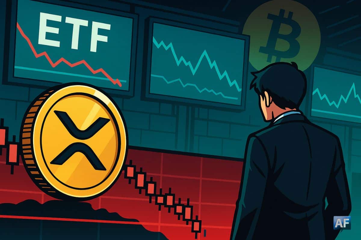 Un trader en costume observe, inquiet, un gigantesque jeton XRP devant des écrans de trading affichant « ETF » et des graphiques rouges en chute libre, dans une ambiance de salle des marchés en crise.