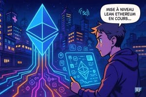 Sur un fond de ville du futur, un personnage en sweat à capuche tient une tablette holographique en attendant une "mise à jour Lean en cours" et en regardant un logo Ethereum qui se matérialise et se connecte autour de lui.