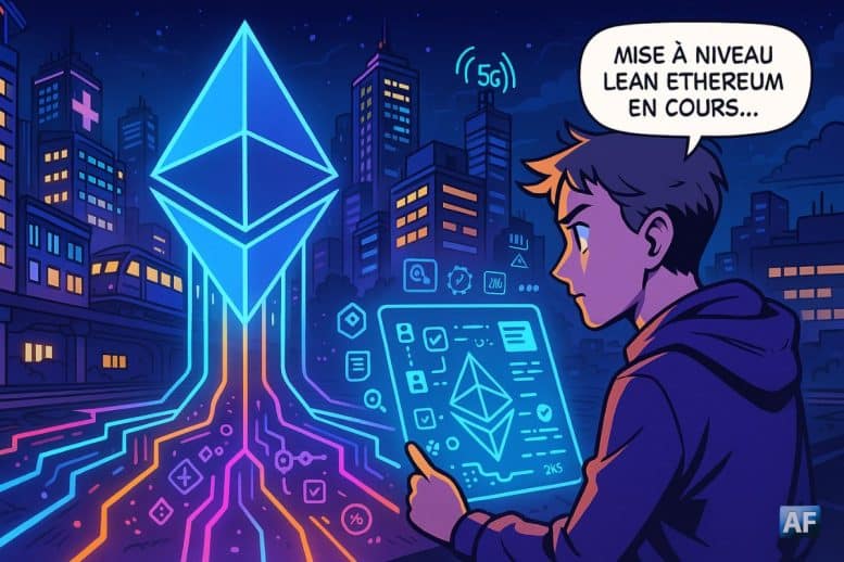 Sur un fond de ville du futur, un personnage en sweat à capuche tient une tablette holographique en attendant une "mise à jour Lean en cours" et en regardant un logo Ethereum qui se matérialise et se connecte autour de lui.