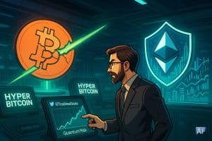 Un Bitcoin géant fissuré par un rayon vert face à un bouclier Ethereum lumineux, tandis qu’un analyste observe les écrans « Hyper Bitcoin » et « Quantum Risk » dans une salle de contrôle futuriste.