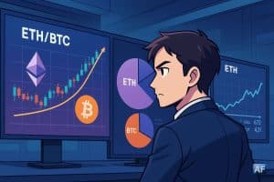 Dans une salle de marchés, un trader très concentré guette les signaux sur un écran montrant le ratio ETH/BTC.