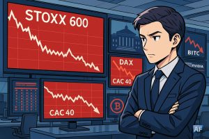 Un trader regarde d'un air circonspect des écrans affichant des courbes en chute du Stoxx600 et du CAC40.