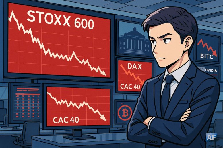 Un trader regarde d'un air circonspect des écrans affichant des courbes en chute du Stoxx600 et du CAC40.