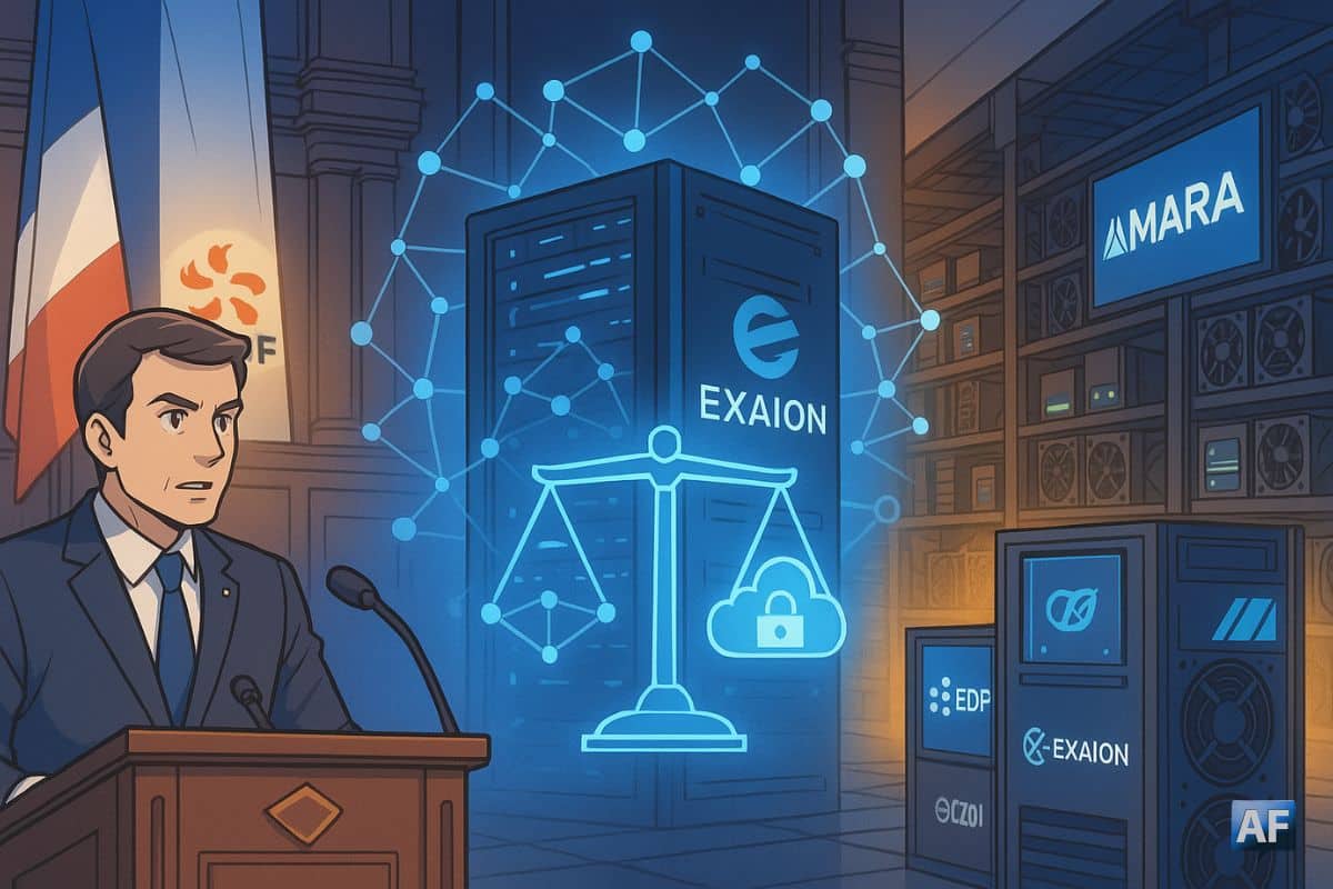 Exaion au centre d’un arbitrage souverain : entre pupitre républicain et racks de calcul MARA, un bloc-serveur bleu scellé par un cadenas-cloud pèse sur une balance.