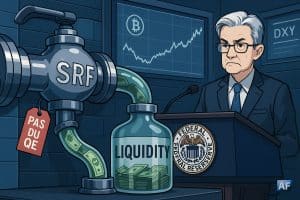 Une vanne « SRF » de la Fed libère un flux de « liquidité » vers un réservoir tandis que Jerome Powell, au pupitre scellé Federal Reserve, observe un graphique BTC qui se stabilise.