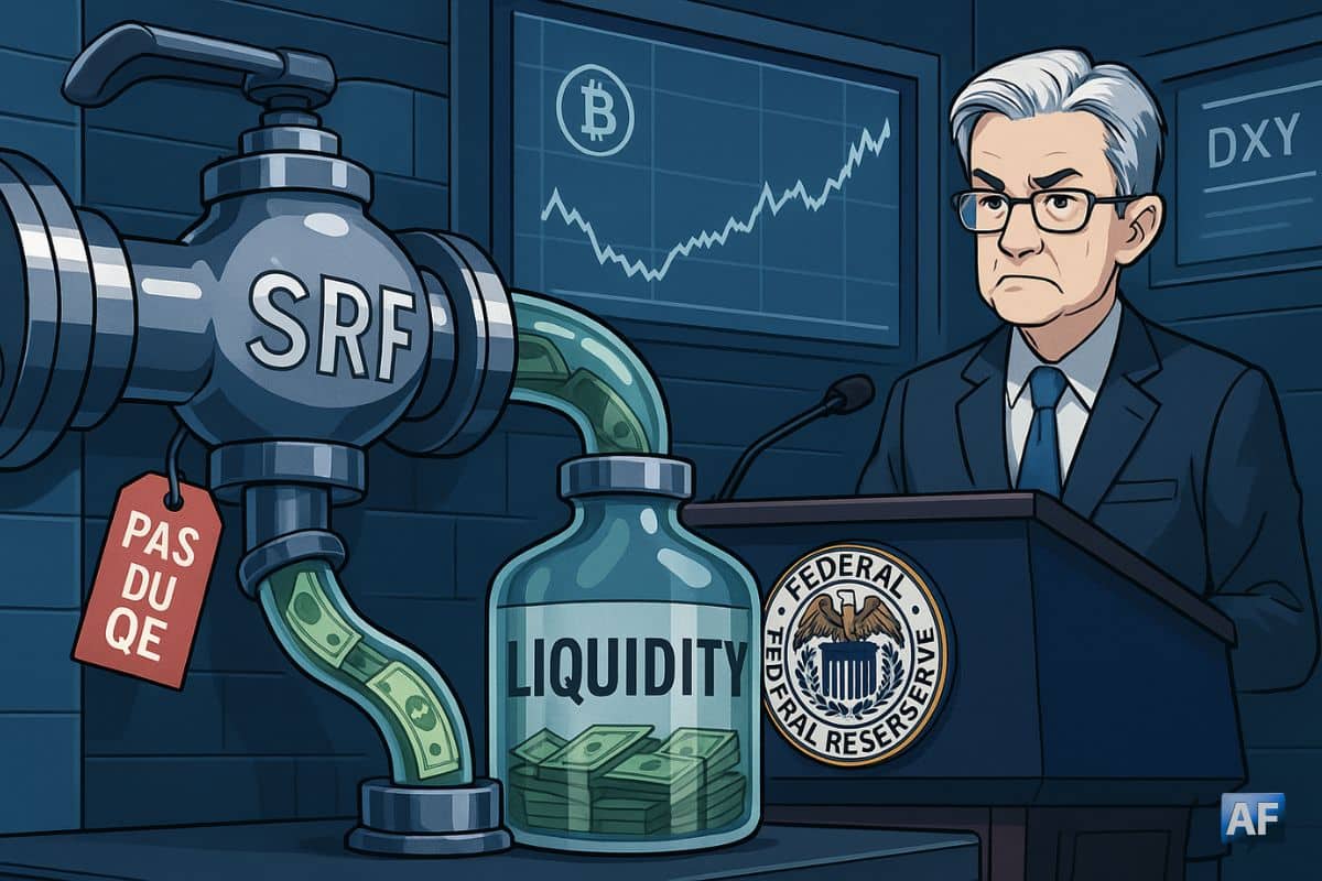 Une vanne « SRF » de la Fed libère un flux de « liquidité » vers un réservoir tandis que Jerome Powell, au pupitre scellé Federal Reserve, observe un graphique BTC qui se stabilise.