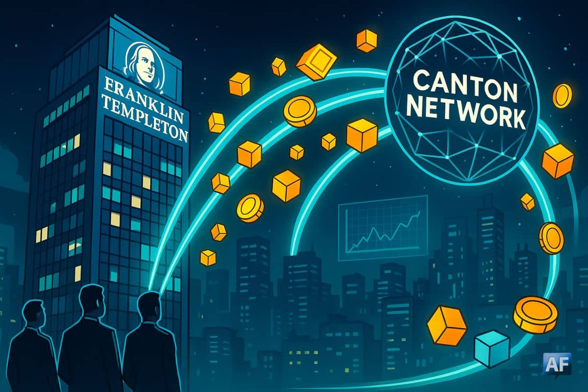 Des traders observent de loin un immeuble orné d'un label