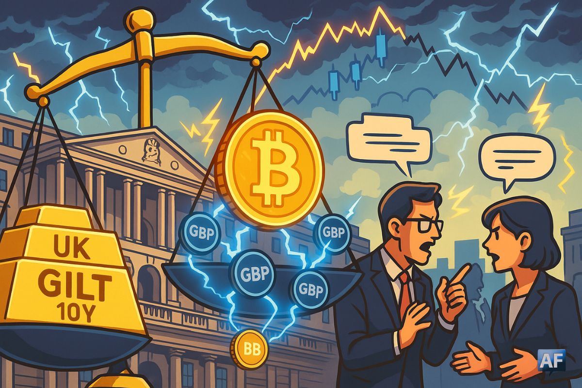 Des décideurs économiques britanniques débattent vivement devant la Bank of England et une balance opposant Bitcoin et les gilts à 10 ans.