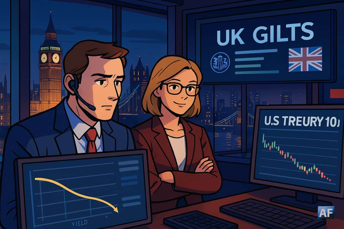 Un trader obligataire concentré et une économiste rassurée analysent, de nuit, la baisse des rendements des gilts et des Treasuries sur fond de skyline londonienne illuminée.